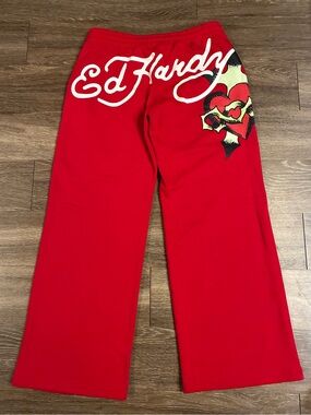 Ed Hardy Red Sacred Heart Graphic & Logo Wide Leg Sweatpants Size Large